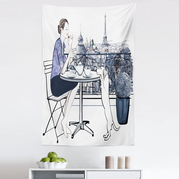 Urban Tapestry, Woman Having Breakfast with Her Dog on Balcony in Paris Doodle Image, Fabric Wall Hanging Decor for Bedroom Living Room Dorm, 5 Sizes, Indigo Violet Blue White, by Ambesonne