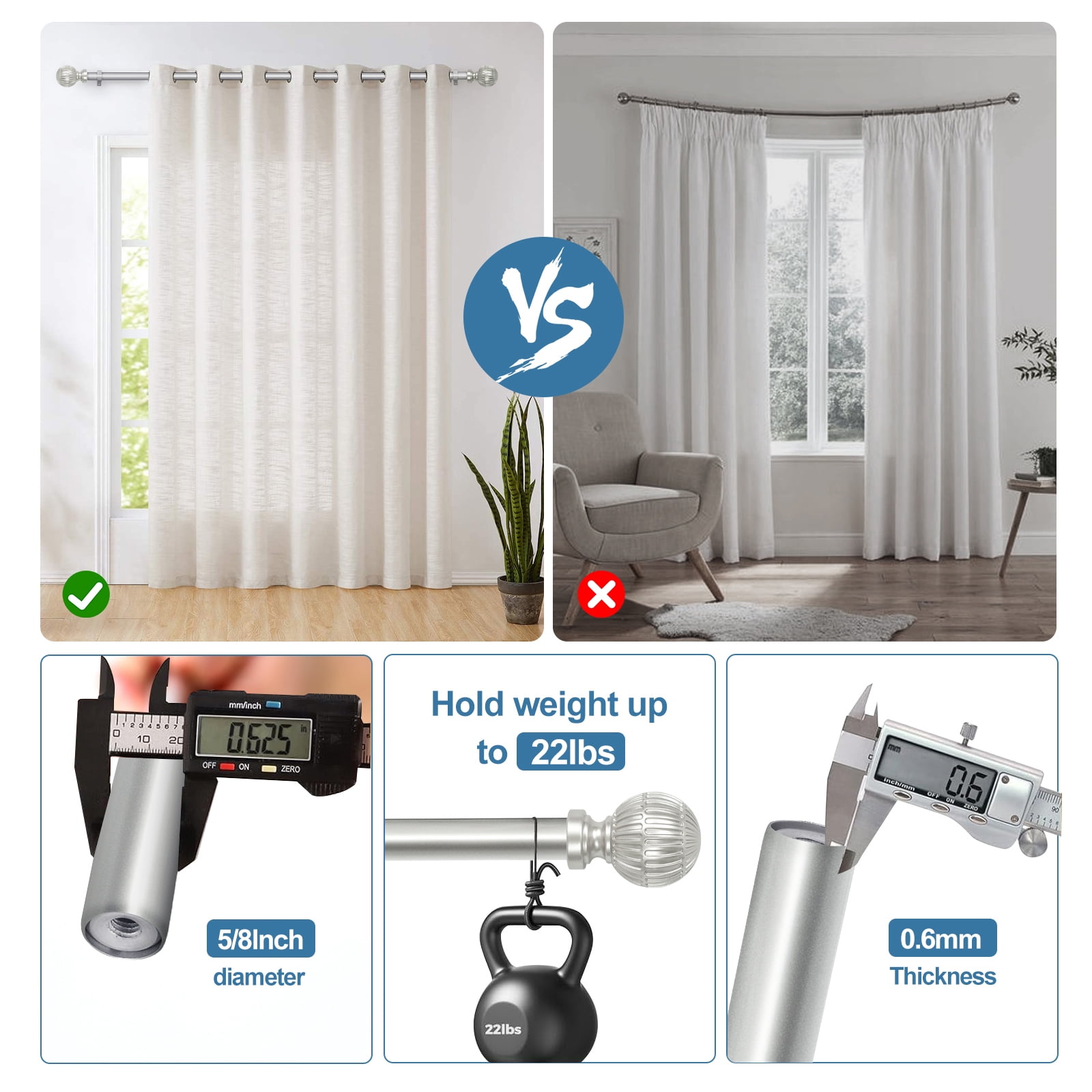 Ridicili 5/8" Telescoping Double Curtain Rods with Volle Finials, Pewter,28"-48", 5/8 Inches Front and 1/2 Inches Back Double Window Drapery Rod