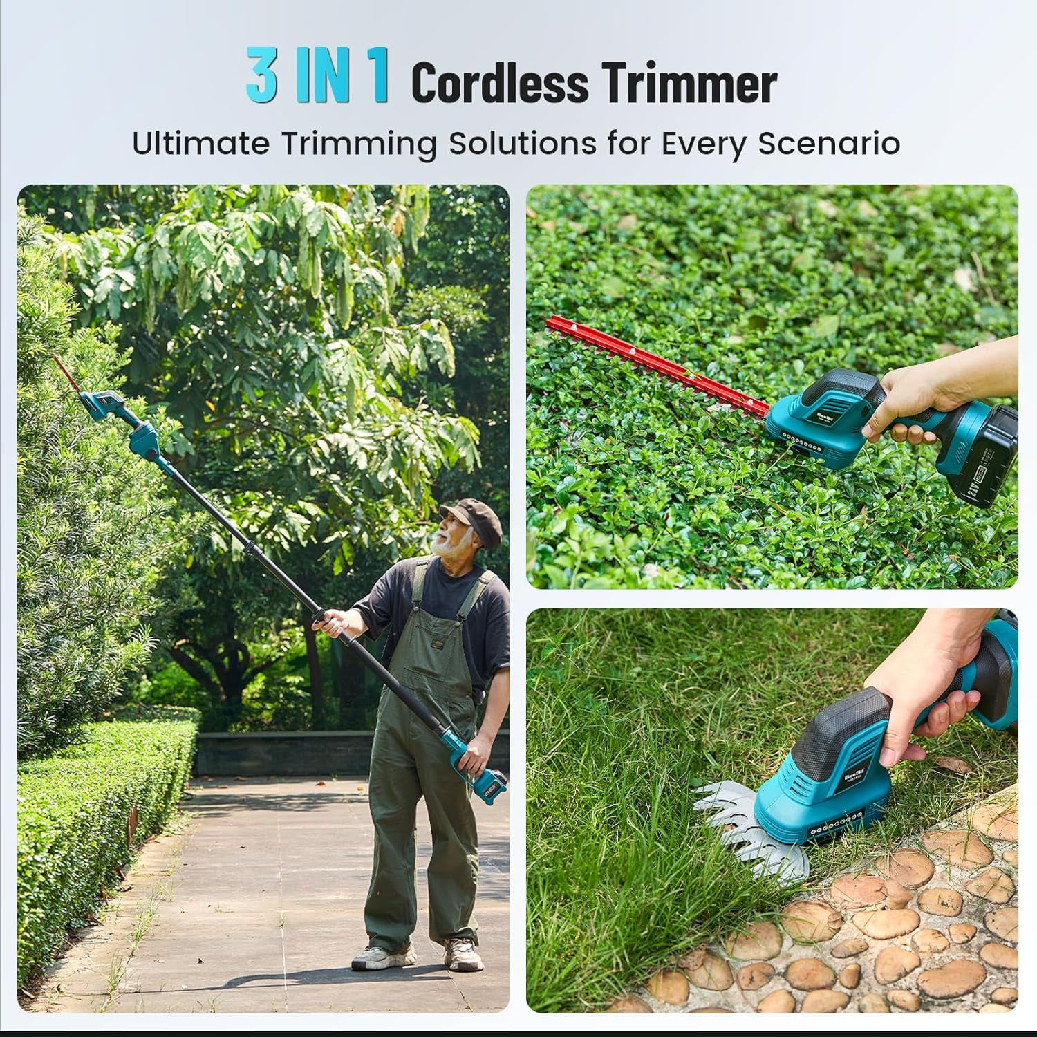 Seesii 3-in-1 Cordless Pole Hedge Trimmer, 21V Electric Hedge & Grass Trimmer with 2*4.0Ah Rechargeable Batteries, 16ft Reach, Extended Pole with 180° Adjustable Angle for High Shrubs, Bush and Grass