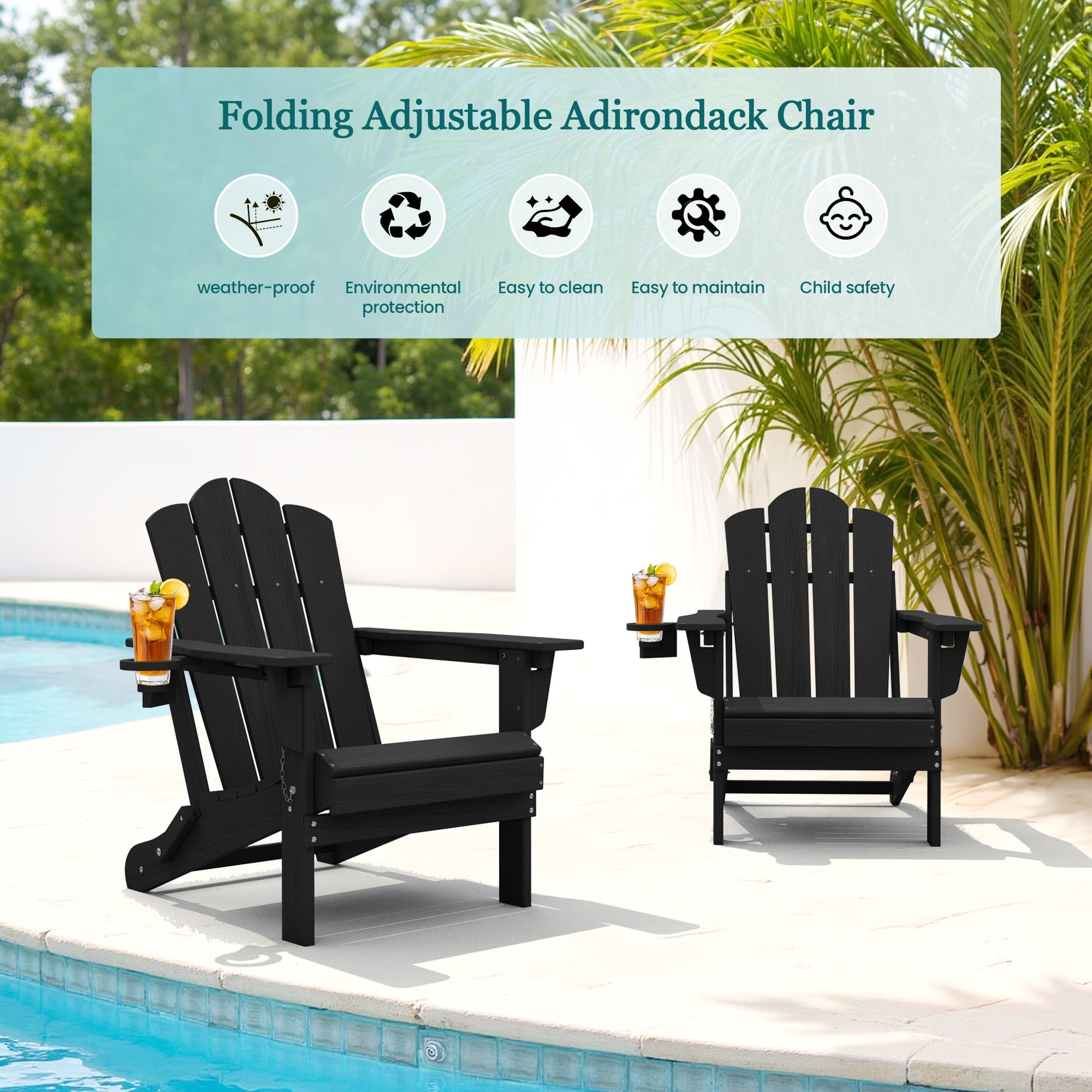 KINGYES Folding Adjustable Adirondack Chairs Set of 4, All Weather Use Reclining Adirondack Chair, HDPE Adirondack Outdoor Chair - Black