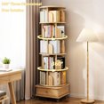 thumbnail image 2 of 6-Tier Rotating Bookshelf, 360° Display Round Spinning Bookshelf with Wheels and Drawer, Space-Saving Storage Shelf for Small Spaces, Living Room, Bedroom and Office, Wood Color, 2 of 9