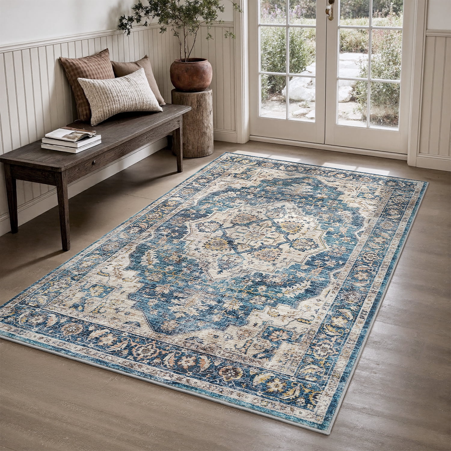 FEELHOME 2'x3' Area Rug Machine Washable Soft Vintage Distressed Non Slip Carpet for Living Room Bedroom Dining Room Blue