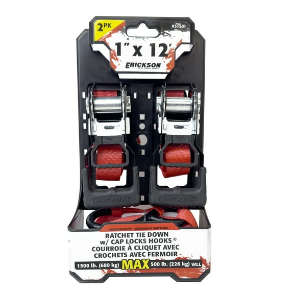 Erickson 1" X 12' Ratchet Strap W/ Cap Locks 2Pk