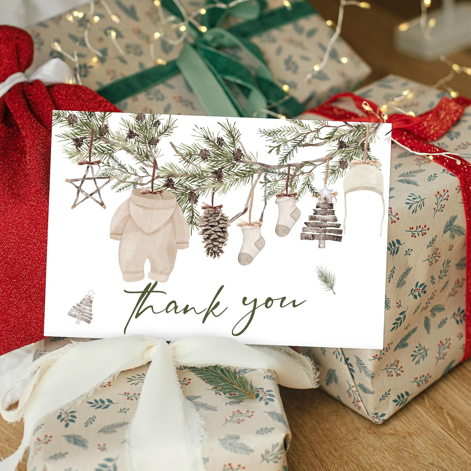 50 Pack Christmas Baby Shower Thank You Cards Bulk Boxed Winter Blank Note Cards with Envelope Stickers Winter Pine Cone Branch Baby Cloth Greeting Card for Birthday Boys