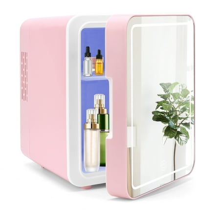 NISHCON LED Lighted Mini Fridge with Mirror Door, Beauty Makeup Skincare Fridge, 4L Personal Beauty Fridge Pink