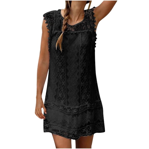 IROINNID Fit&Flare Dress For Women Strapless Sleeveless Slim Fit Summer Casual Lace Ball Dress Round Neckline Solid Color Dress