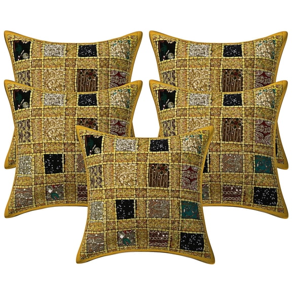 Stylo Culture Ethnic Decorative Throw Pillow Covers 16x16 Patchwork Embroidered Yellow Sequins 40cm x 40cm Home Decor Cotton Geometric Square Cushion Covers | Set Of 5
