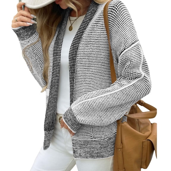 Long Sleeved Open Front Women Casual Knit Waffle Cardigan Coat