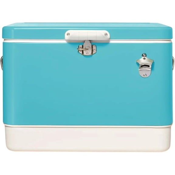 FSE Retro Metal Cooler, 80 Can/54 Qt. Capacity, Hard-Sided, Two Tone, Holds Up to 80 Beverage Cans, Metal Construction with Plastic Lining, Pacific Blue/Cream