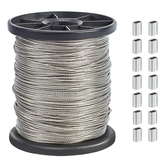 1 set 304 Stainless Steel Wire Cable 328 Ft Length 1/24 Wire Rope with 20 Psc Stainless Steel Thimble and 50 pcs Aluminum Crimping Sleeves for String Lights Clothesline