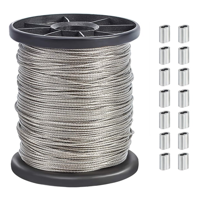 Cable de acero inoxidable 304 de 100 m (328 pies) de largo, calibre 1/24, con 50 abrazaderas rectangulares de aluminio para decoración de fiestas. tendedero.