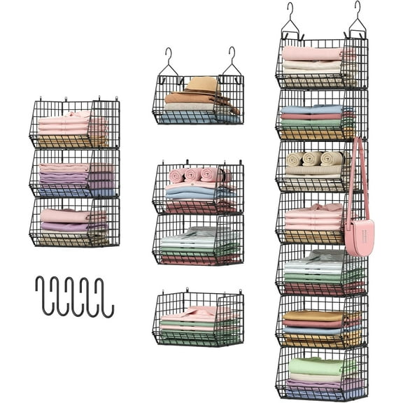 7 Tier Foldable Hanging Closet Organizer and Storage,Wire Closet Shelving with 5 S Hooks,Hanging Basket for Clothes Sweaters Shoes Handbags,Small Closet Organizers for Wardrobe Kitchen Laundry Room