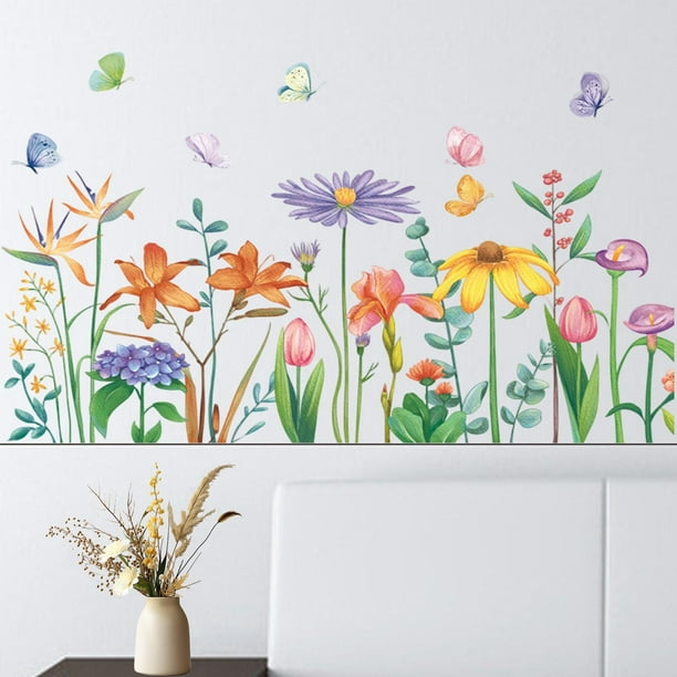 Calcomanía de pared con flores de jardín, mariposas y hierba silvestre, adorno moderno, floral para decoración de habitación infantil.