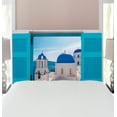 thumbnail image 1 of Landscape Headboard, Window View of Classical Building Domes Oia Santorini Greece Travel, Upholstered Decorative Metal Bed Headboard with Memory Foam, Twin Size, Aqua Blue White, by Ambesonne, 1 of 4