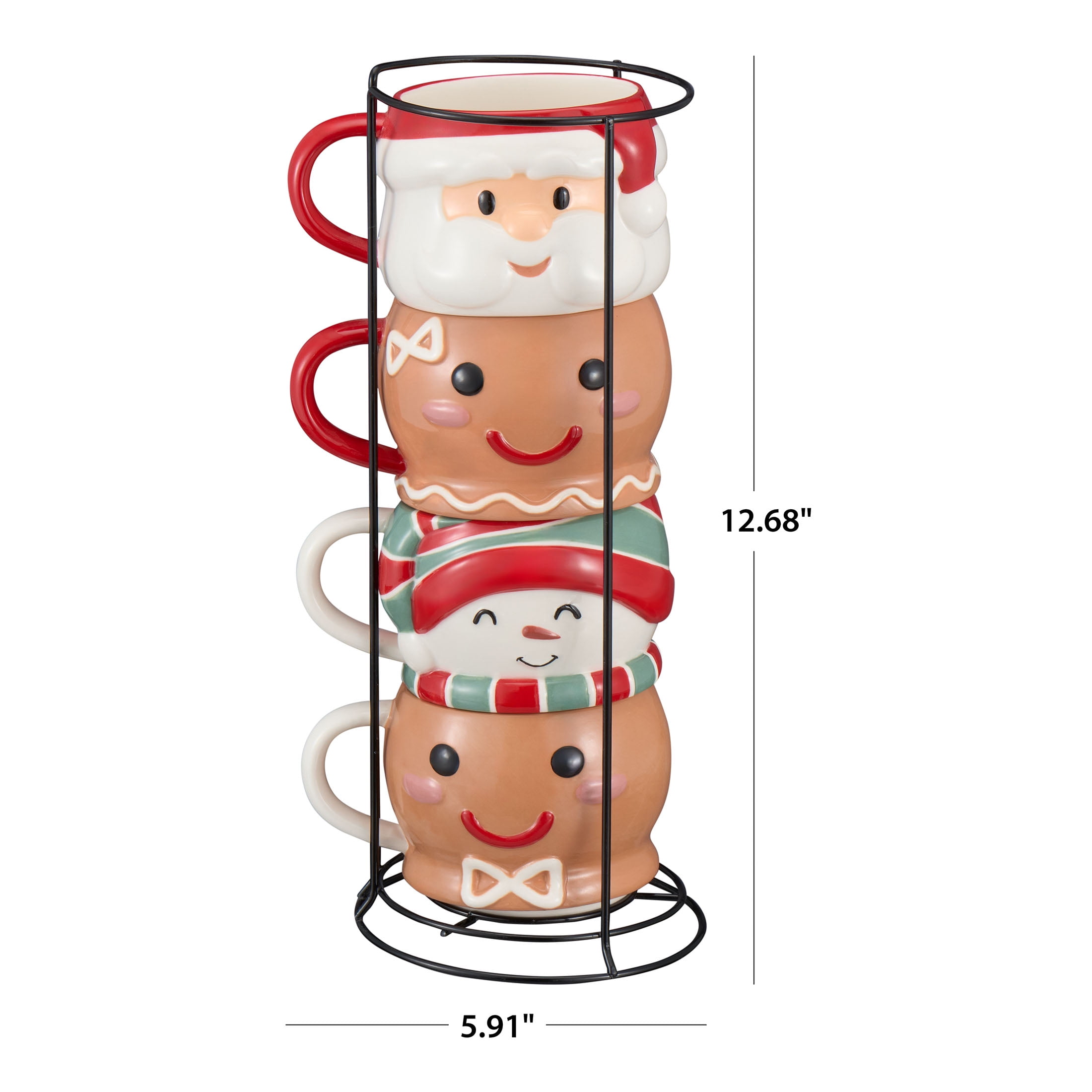 (2 pack) Holiday Time 12oz Holiday Characters Glazed Stoneware Ceramic Stacking Mug Set with Metal Rack