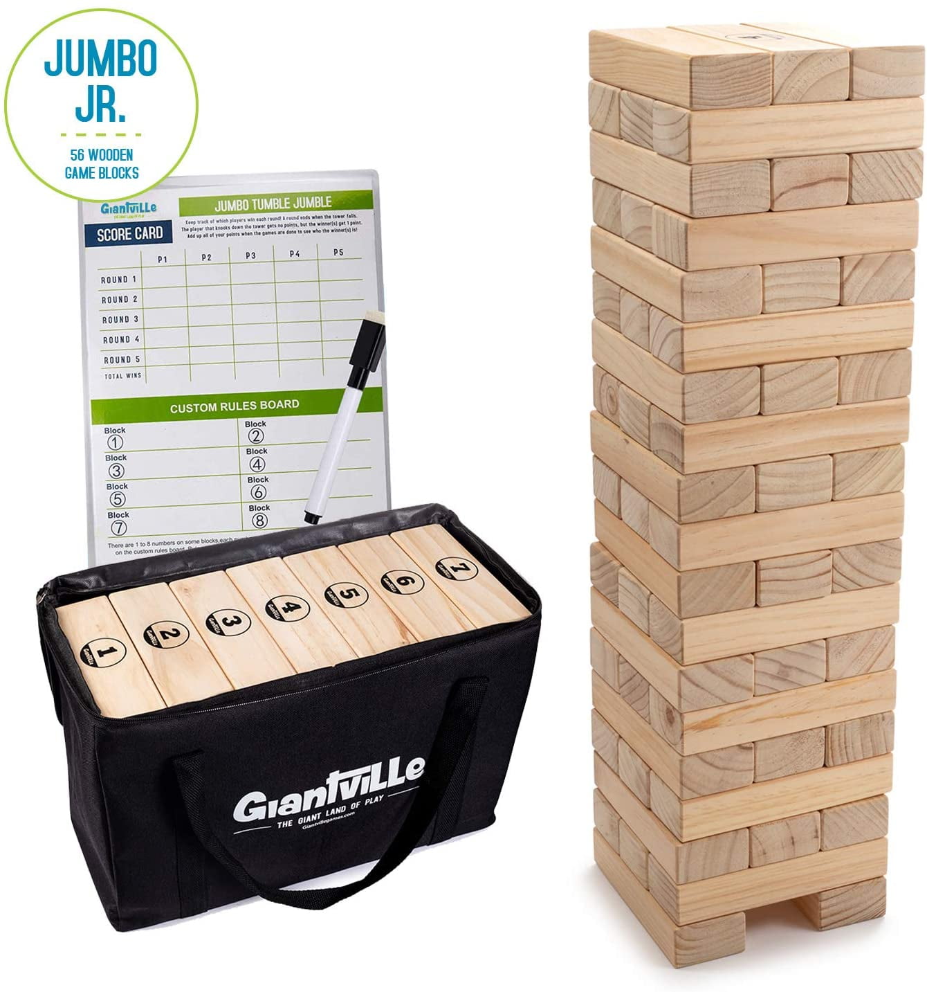 Jumbo JR 2022 Edition Carry Bag Grows from 1.75-feet to Almost 4-feet 54-Piece Wooden Blocks Premium Pine Wood Life Size Tower Floor Game for Kids&Adults Dice Giant Tumbling Timber Toy 