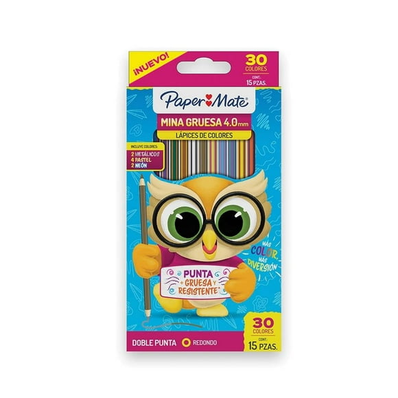 Lápices de Colores Paper Mate Redondos 4.0mm Doble Punta 15 Piezas