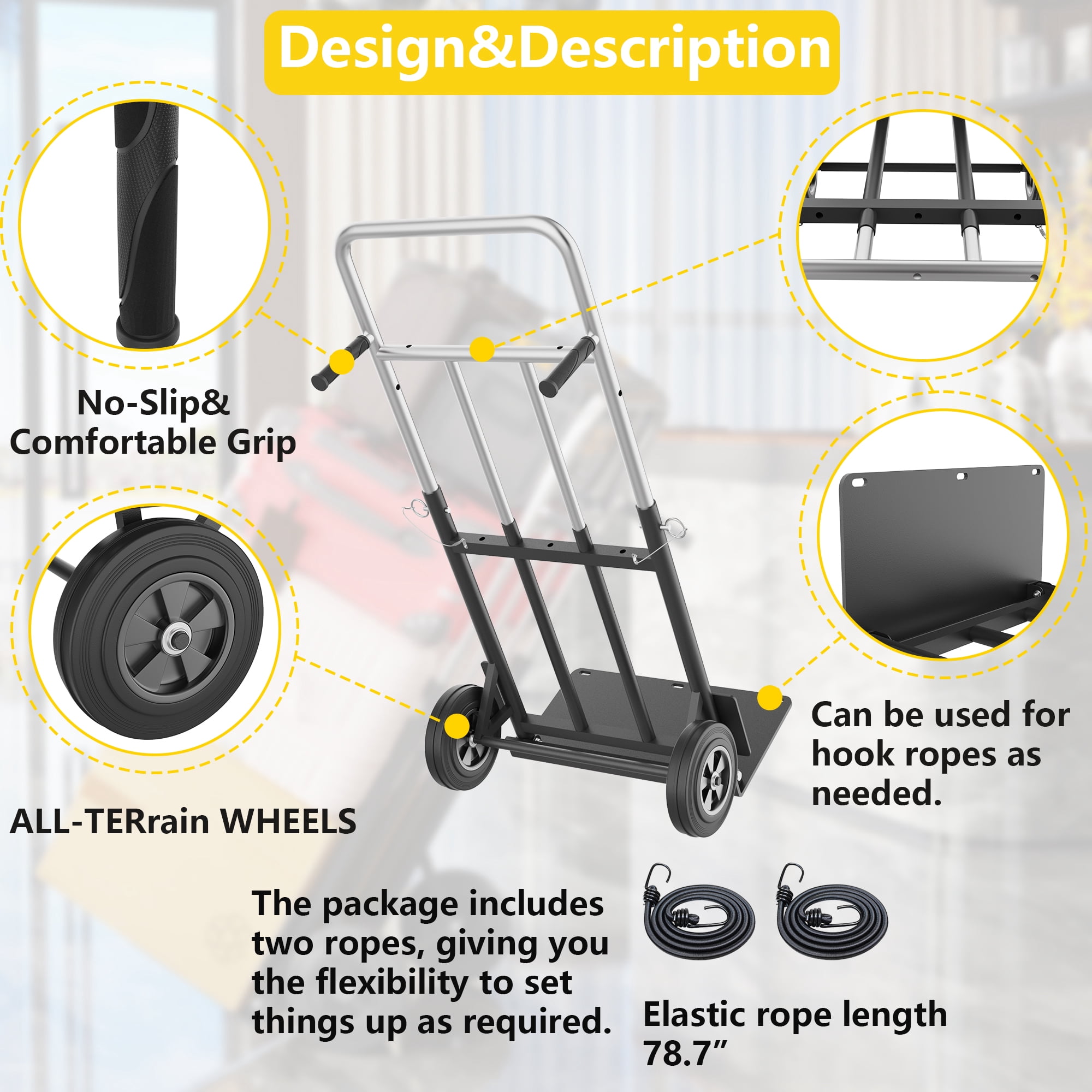 Folding Hand Truck, 600 lb Capacity Heavy-Duty Convertible Dolly Cart with Telescopic Handle, Rubber Wheels & Bungee Cords for Warehouse, Home & Office