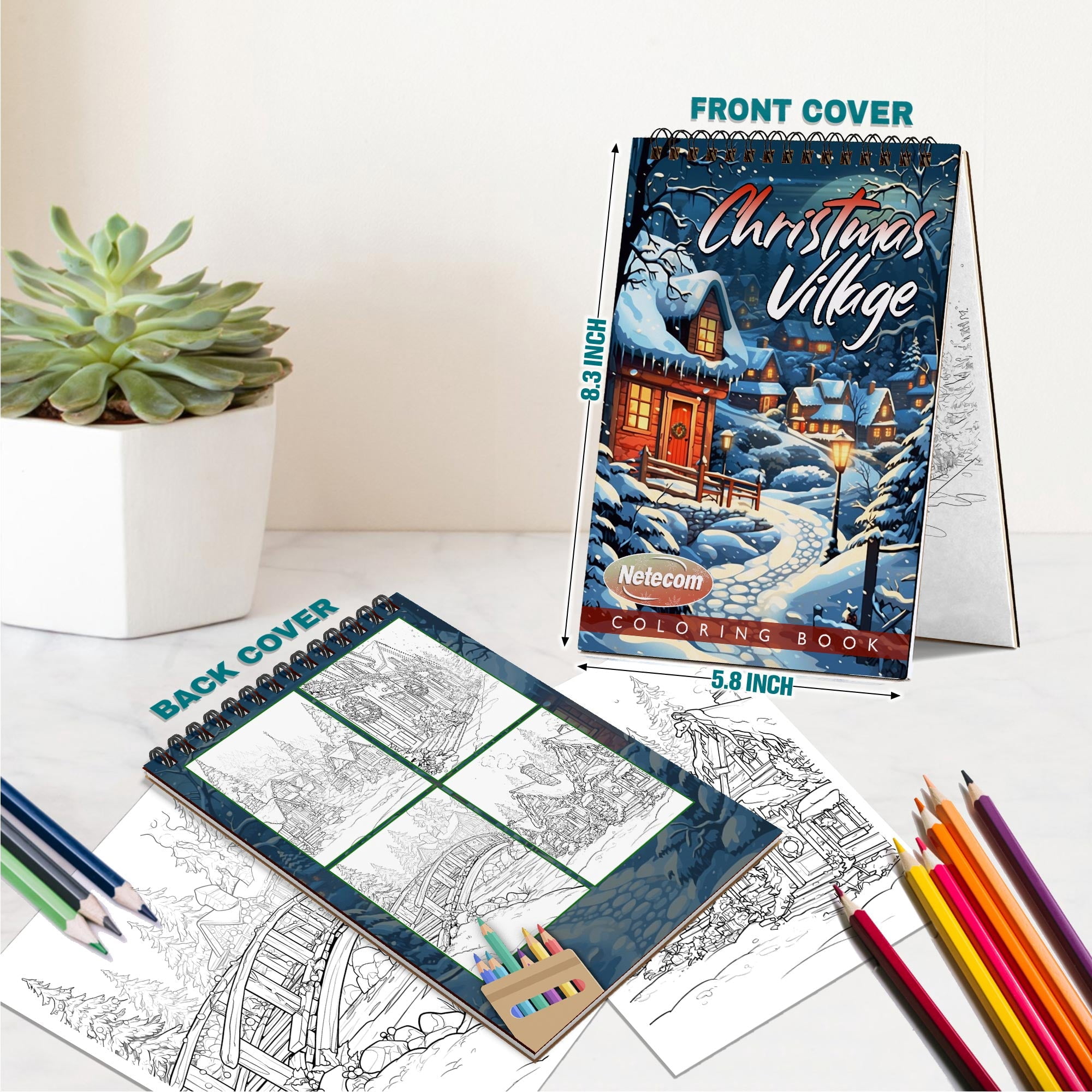 Netecom Christmas Village Coloring Book Spiral Bound For Adults, A5 Wooden Cover, 30 Beautiful Coloring Pages of Snow-Covered Cottages for Stress Relief and Relaxation