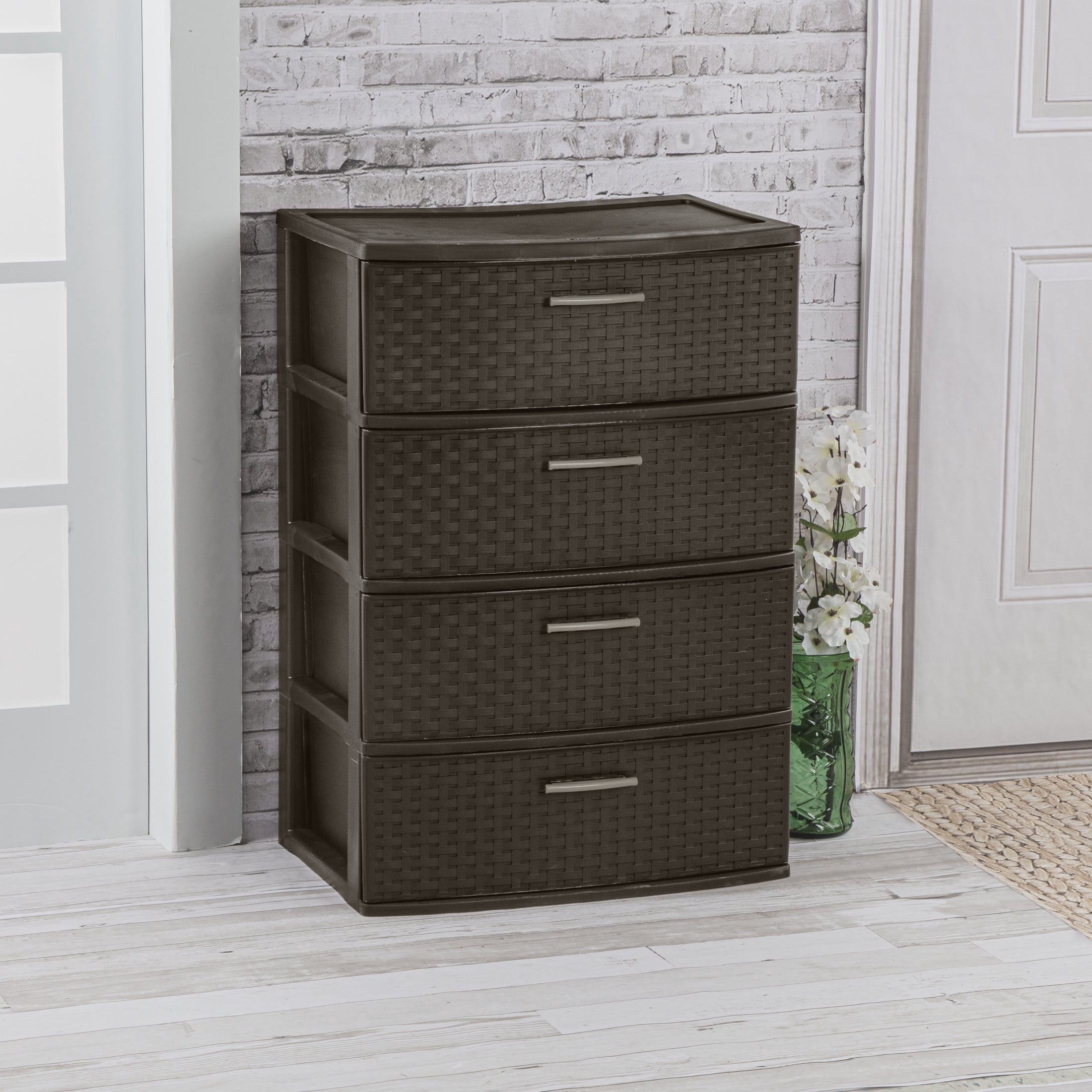 Sterilite 4 Drawer Wide Weave Tower, Plastic Décor Drawers with Pull Handles, Brown