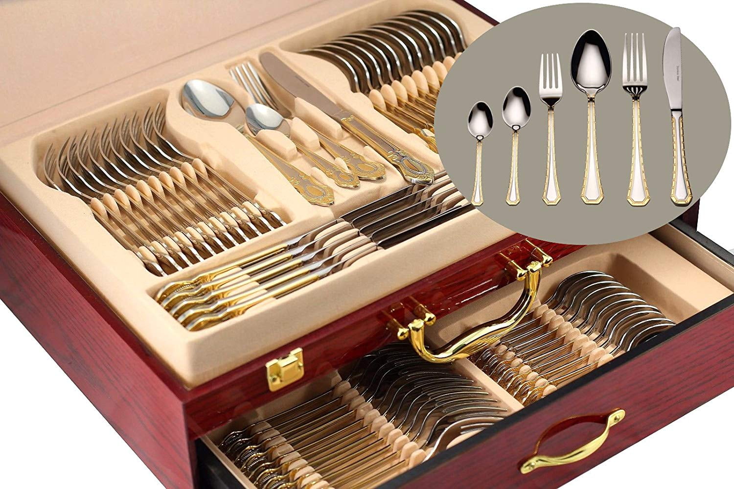 Gold Flatware Serving Set, 75Piece Dining Service for 12, 18/10