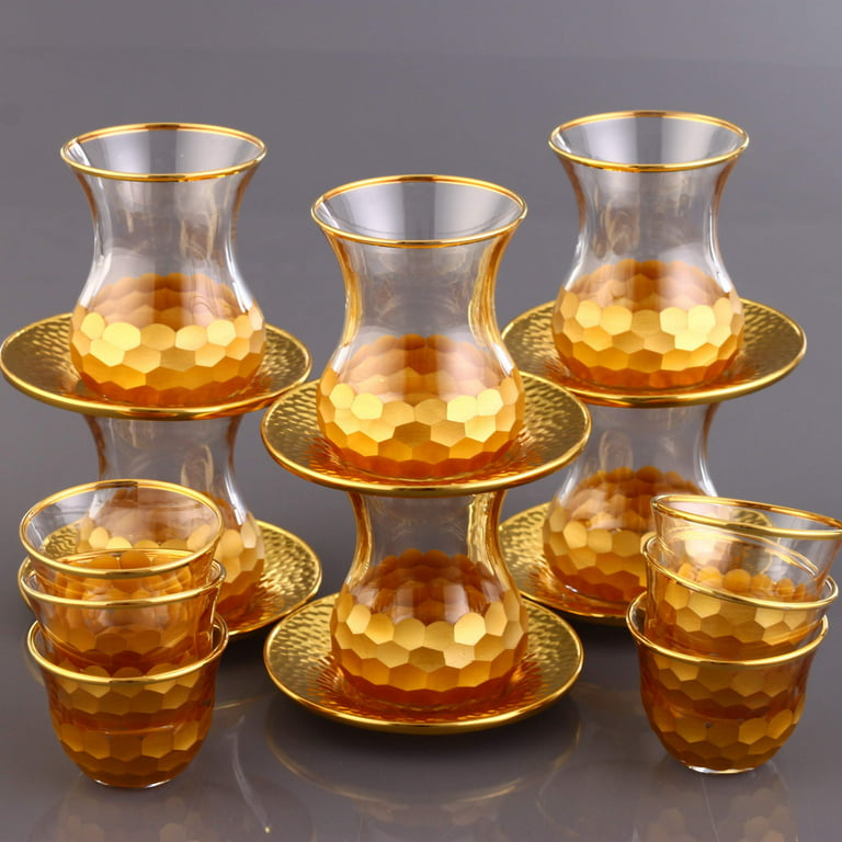 Modern Glass Cups & Saucers with Gold Rim Set of 6