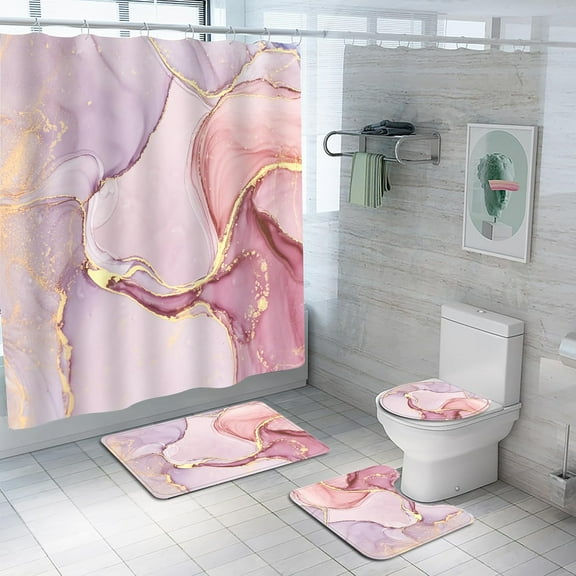 4Pcs Grey Gold Marble Shower Curtain Sets, Bathroom Sets with Shower Curtain, Toilet Lid Rug, Contour Mat and Bath Mat, Shower Curtain with 12 Hooks for Bathroom Set Decor,72 * 72 Inch