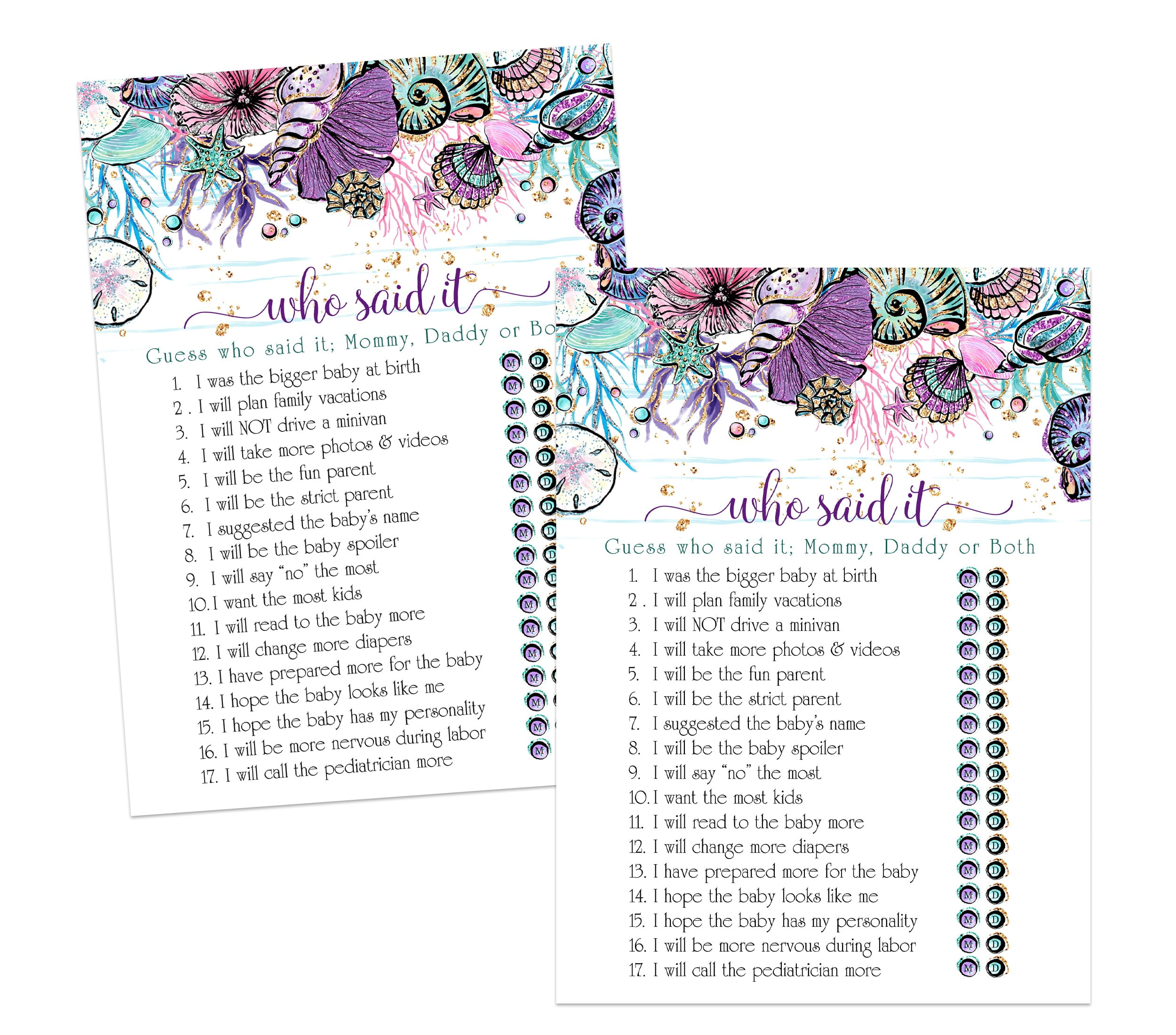 Mermaid Mommy or Daddy Baby Shower Games 25 Pack Guess Which Parent  Activity Cards - Sea Princess Seashell Supplies Purple Gold Teal - Printed 5x7 Size Set - Paper Clever Party