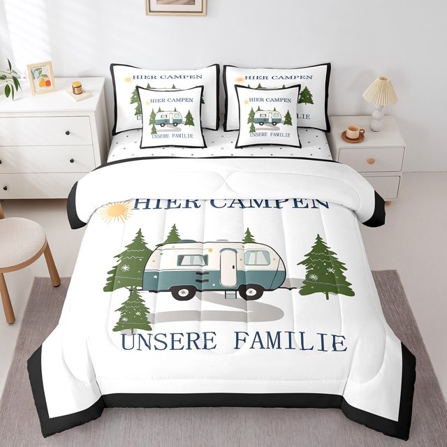 Erosebridal Happy Camping Bedding Sets Queen Size, RV Car Comforter Sets with Sheets, Rustic Farmhouse Decor, Reversible 7-Piece