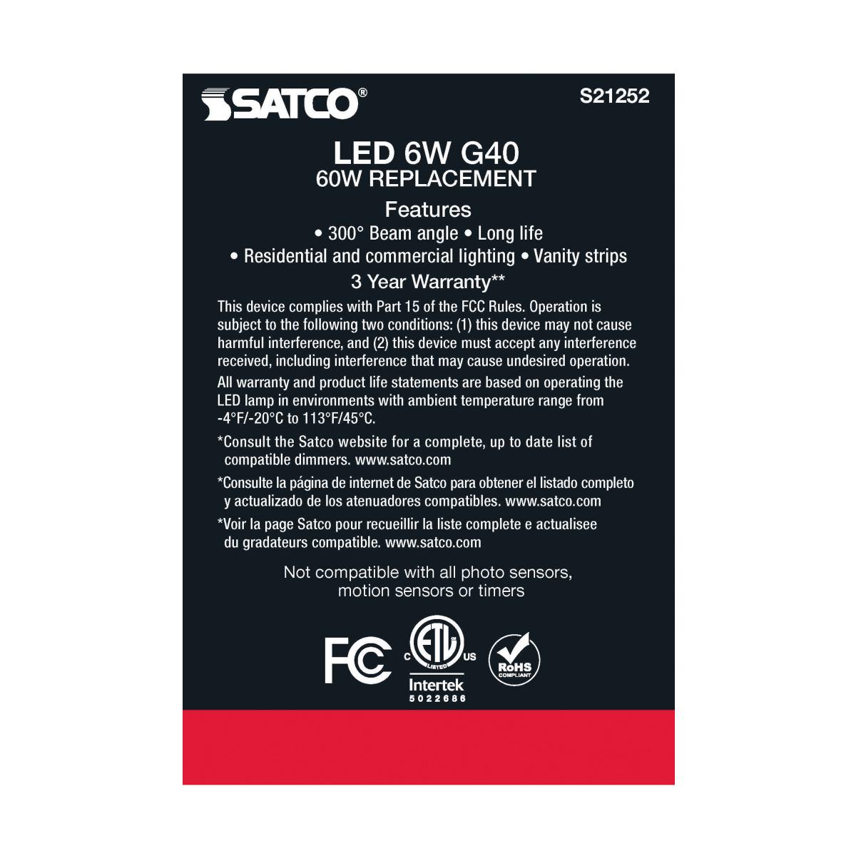 Satco S21252 G40 Globe LED Light Bulbs 6W 120V 2700K 90CRI E26 Medium Base Dimmable (6 Pack)