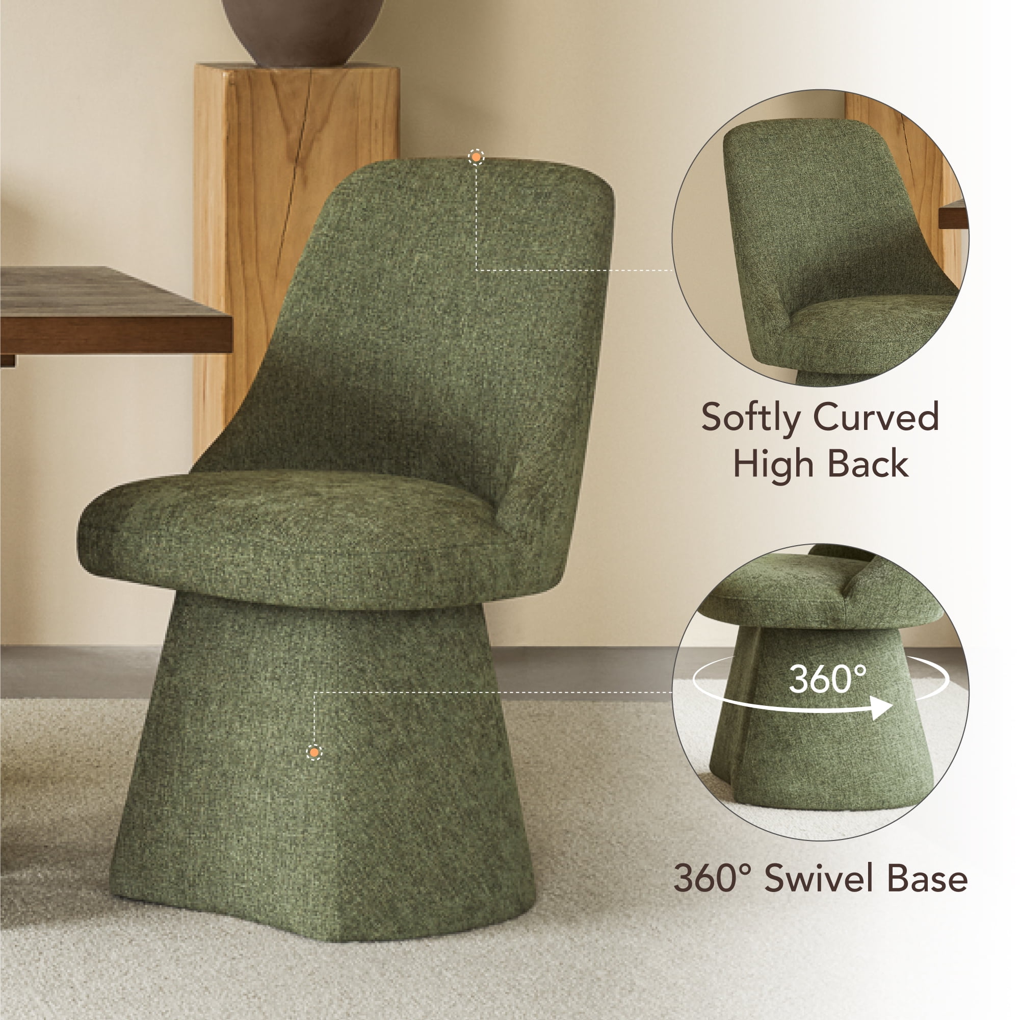 Spruce & Spring Modern 360-Degree Swivel Accent Dining Chair, High-Traffic Linen-Look Chenille Fabric, Green Moss