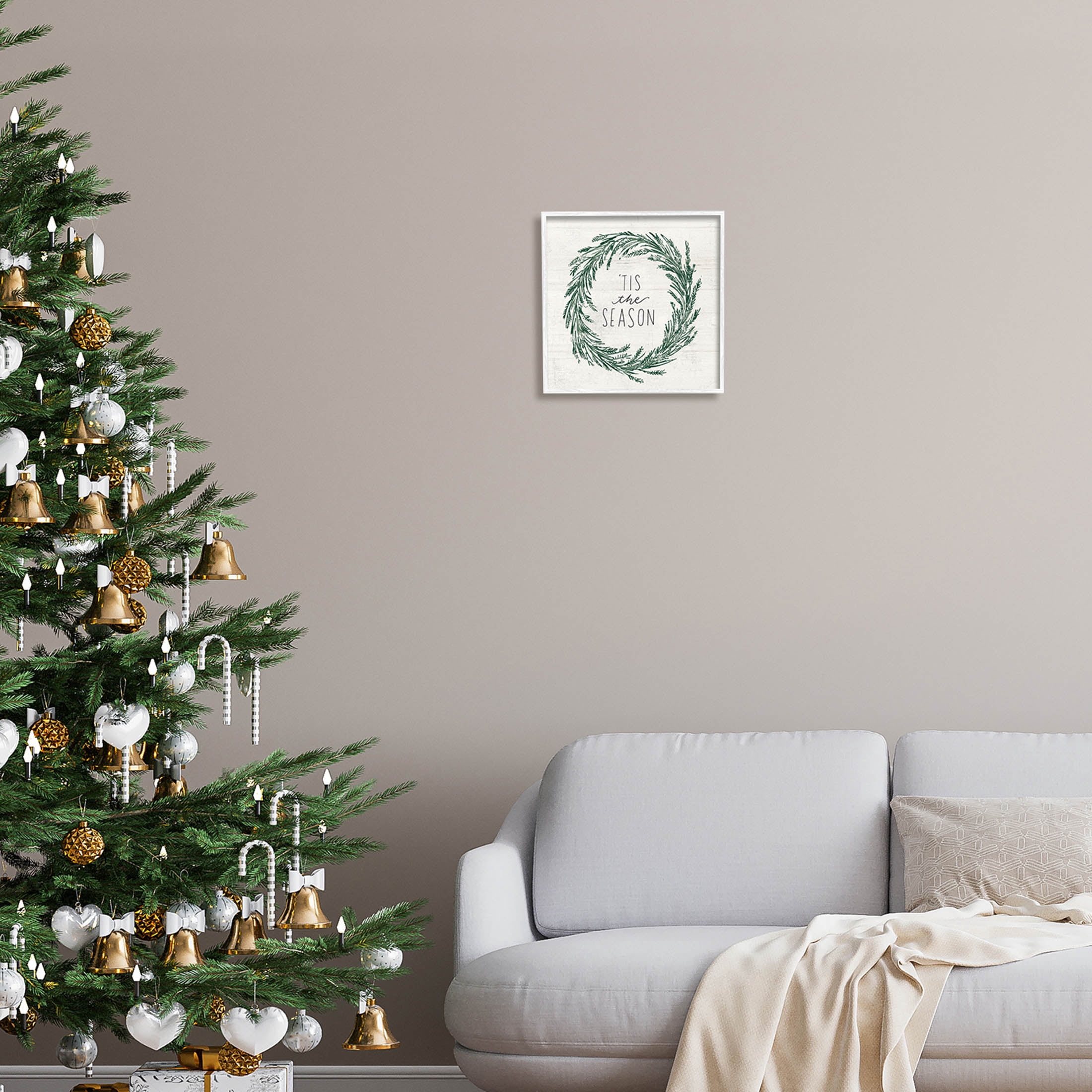 Tis The Season Holiday Wreath Holiday Graphic Art White Framed Art Print Wall Art