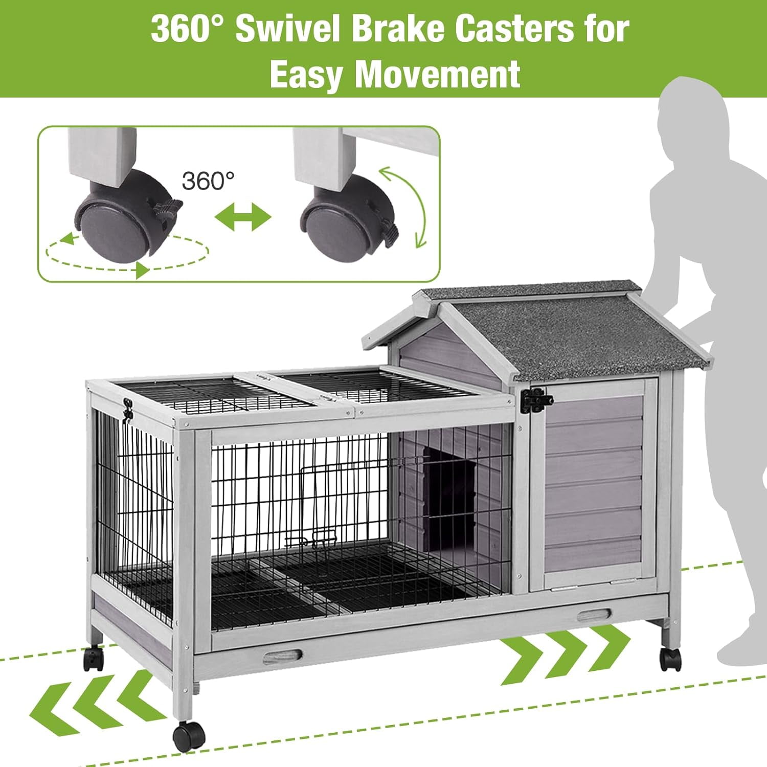 Aivituvin Rabbit Hutch Indoor Bunny Cage Outdoor Wooden Guinea Pig Cage Bunny House with Removable Metal Wire Floor, Lockable Caster Wheels, Leakproof Plastic Tray for 1-2 Rabbits, Small Animals