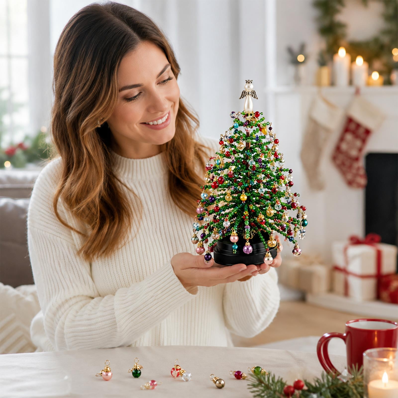 50% off DIY Beaded Christmas Tree Kit, Build Your Own Warm Glow Tabletop Mini Tree, All-Inclusive Handmade Beading Kit for Indoor Desktop