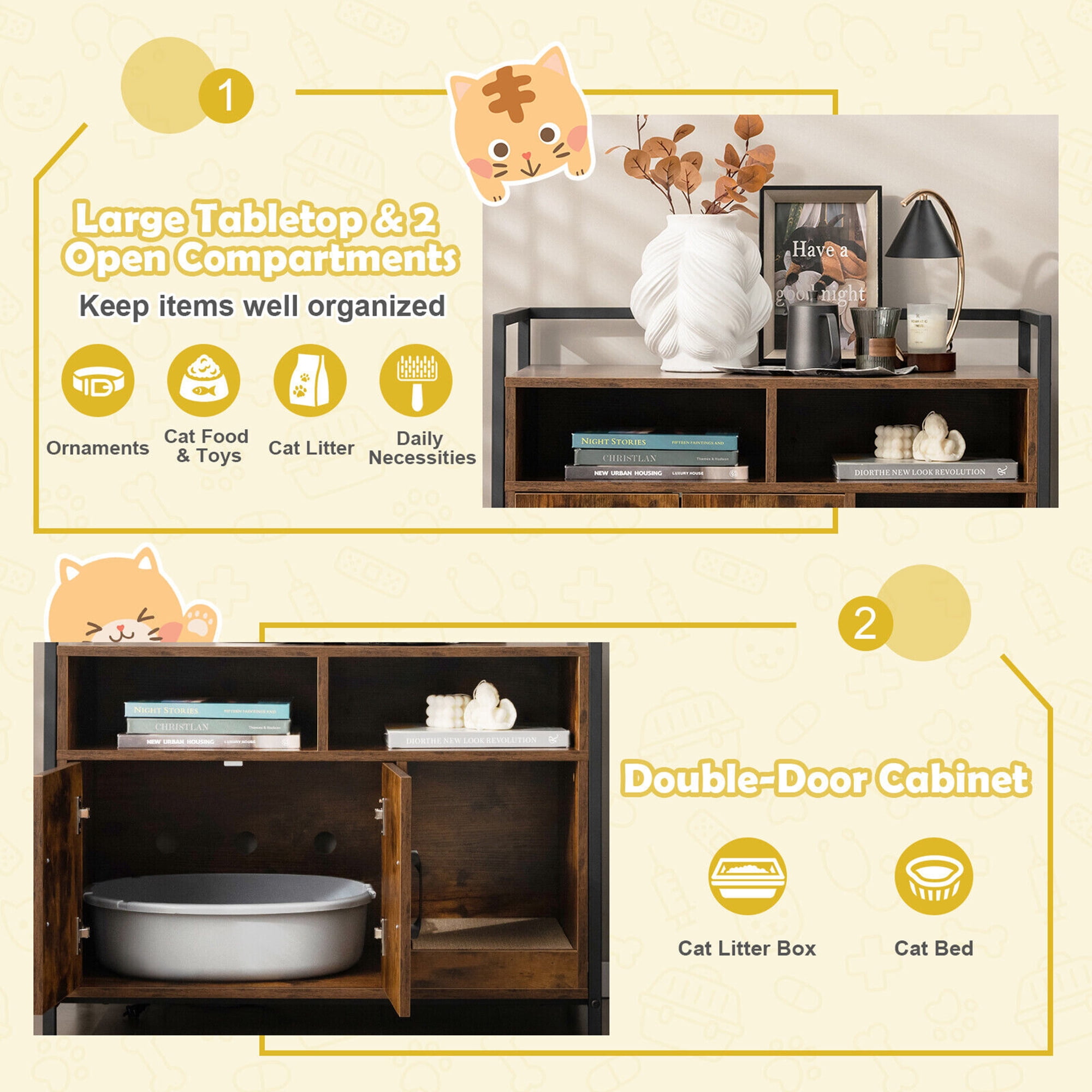 Gymax Large Litter Box Enclosure Cat Wooden Storage Cabinet with 2 Doors Coffee