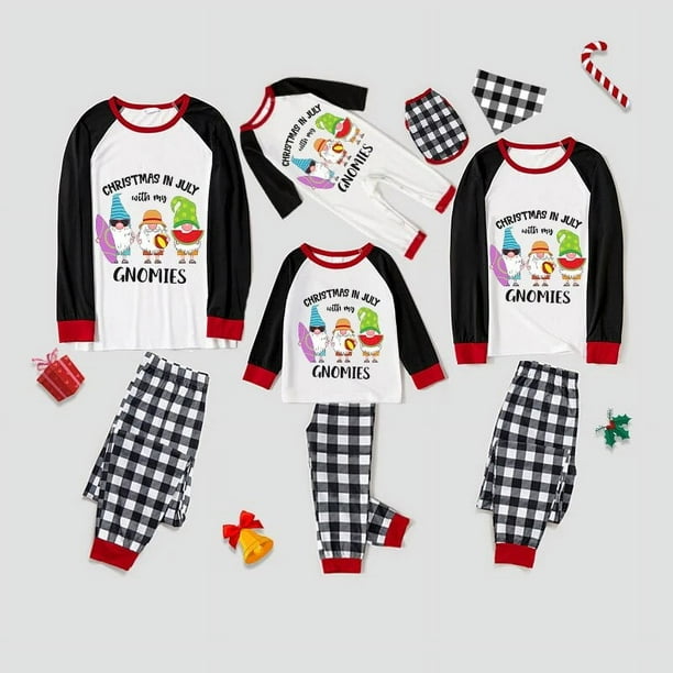 Pijamas familiares navideños a juego, conjuntos de pijamas a cuadros blancos y negros, My Gnomies, Christams en julio