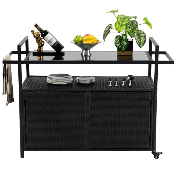 Patio Serving Cart with Wheels | Display Drinks at Garden Gatherings | All-Weather Wicker to Prevent Denting | Move Effortlessly with Multi-Directional Wheels