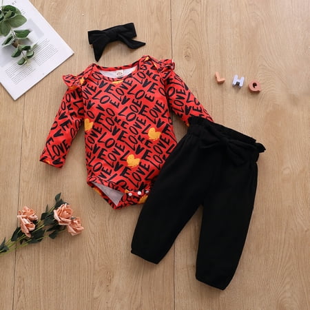 

QIPOPIQ Infant Girl s Clothing Set Clearance Newborn Infant Baby Print Romper Bodysuit+Solid Pants+Headband Set Outfits