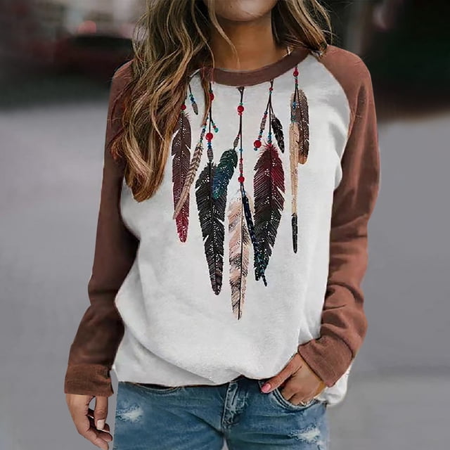 Puntoco Moda Mujer Imprimir Manga Larga Casual Cuello Redondo Camisa tops Sudadera Puntoco Puntoco-1622
