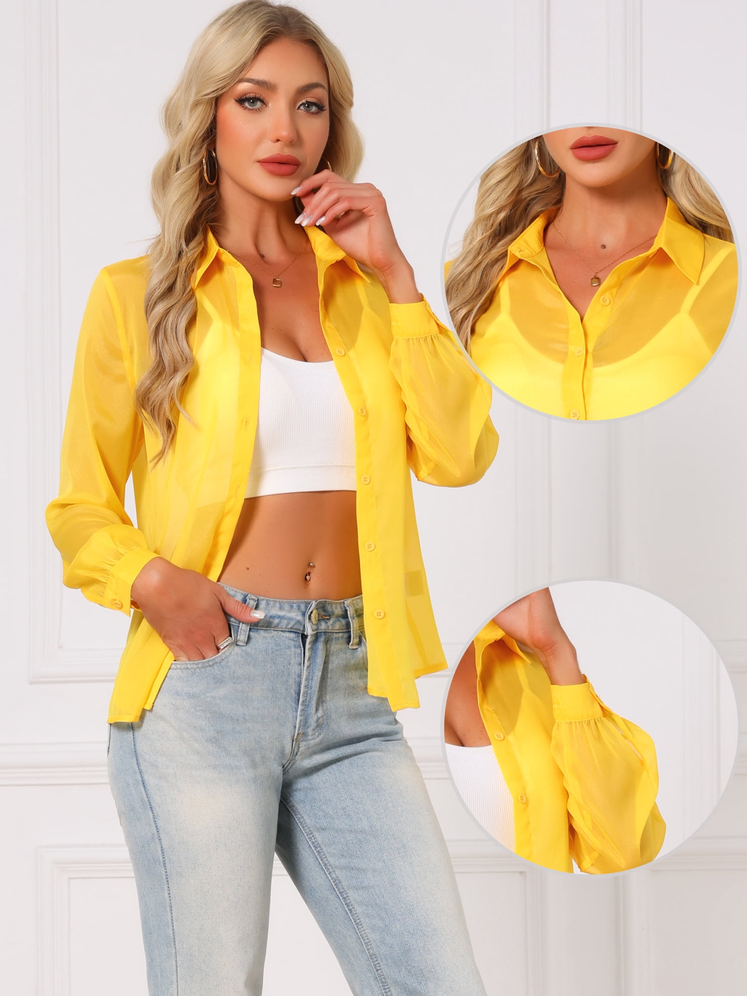 DARING DIVA Women's Long Sleeve Tops Button Down See Through Mesh Shirt M Yellow