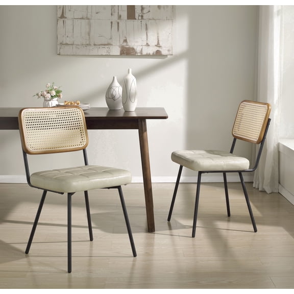 Art Leon Kitchen Dining Chairs, Rattan Cane Back Faux Leather Upholstered Side Chair, Set of 2, Off-White