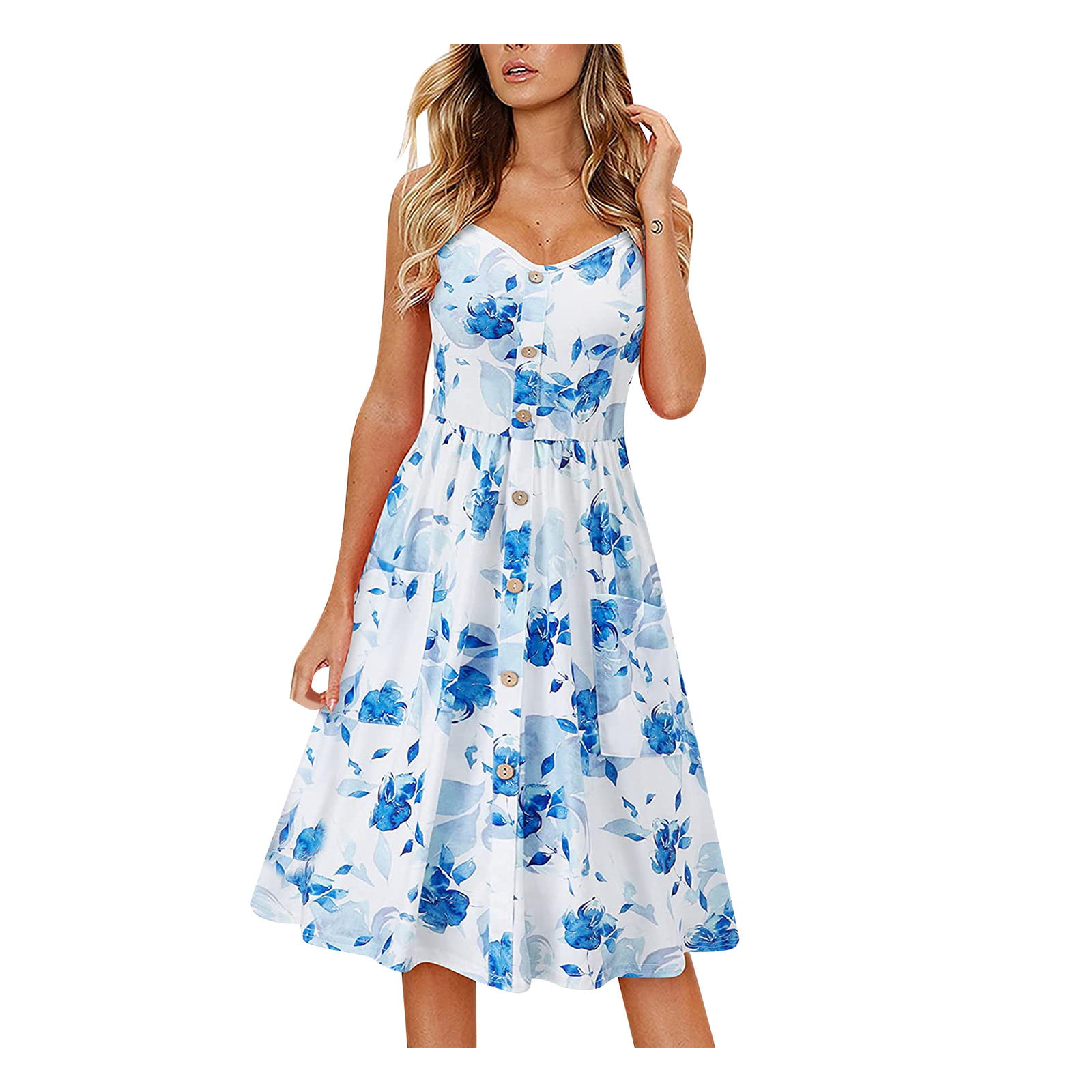 Dresses for Women Summer Sleeveless Fashion Floral Print V- Neck Casual Knee -length Dress - Walmart.com