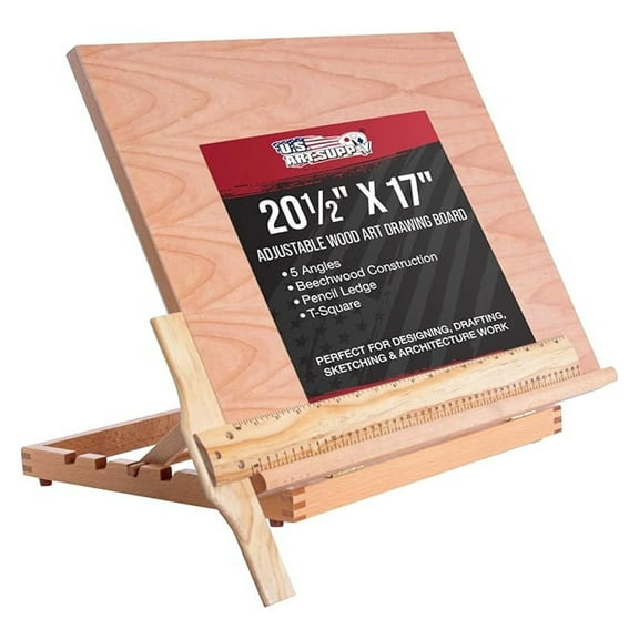 Adjustable Drawing Board - 20.5x17" Beech Wood Drafting Table - 5 Position Angles with T-Square & Pencil Ledge - for Artists, Designers & Architects