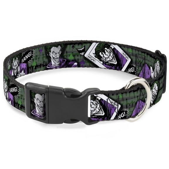 DC Comics Pet Collar, Dog Collar Plastic Buckle, Joker Poses Joker Card Haha Smile Bang Gray Green Purple, 7 to 8.5 Inches 0.5 Inch Wide