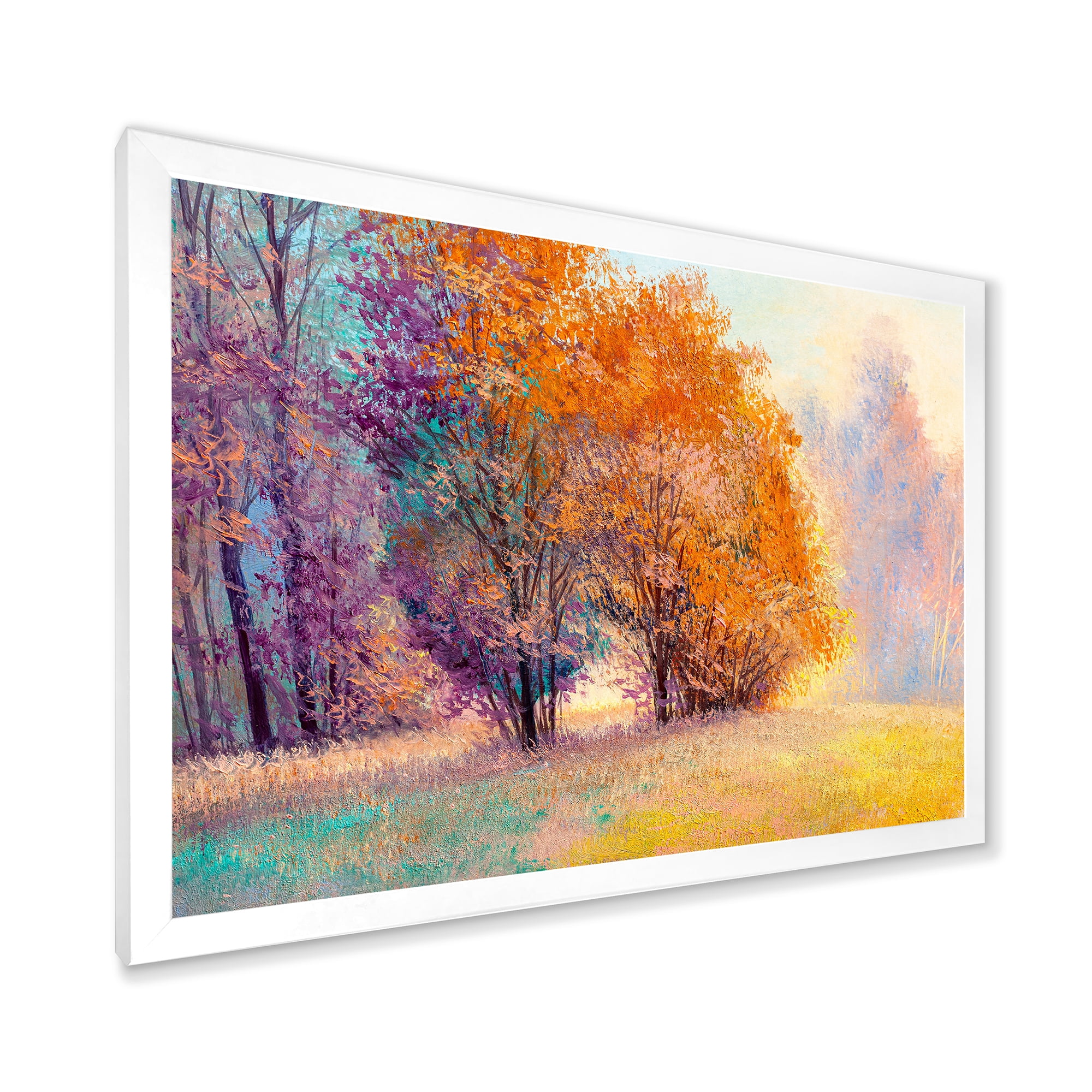 Designart 'Autumn Forest Orange Leaves Landscape' Lake House Framed Art Print