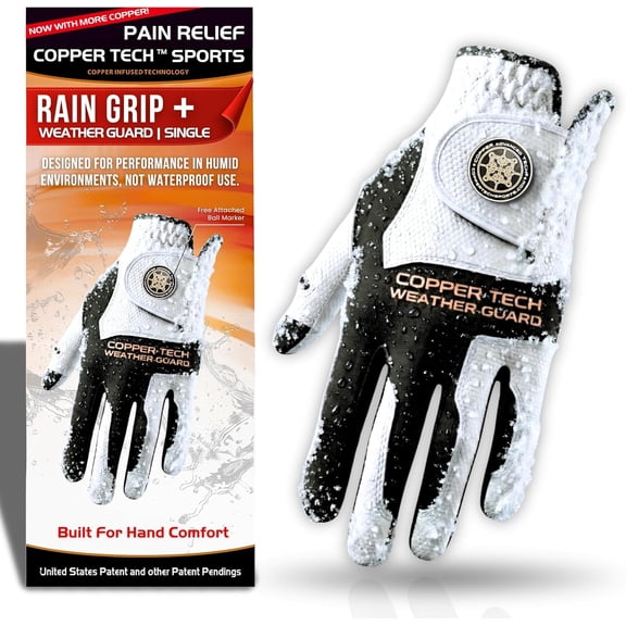 Copper Tech Plus Rain Golf Gloves Men | Water-Enhanced Golf Rain Gloves for Men | Joint Support Ergonomic Copper Compression (White/Black, Left, Medium-Large)
