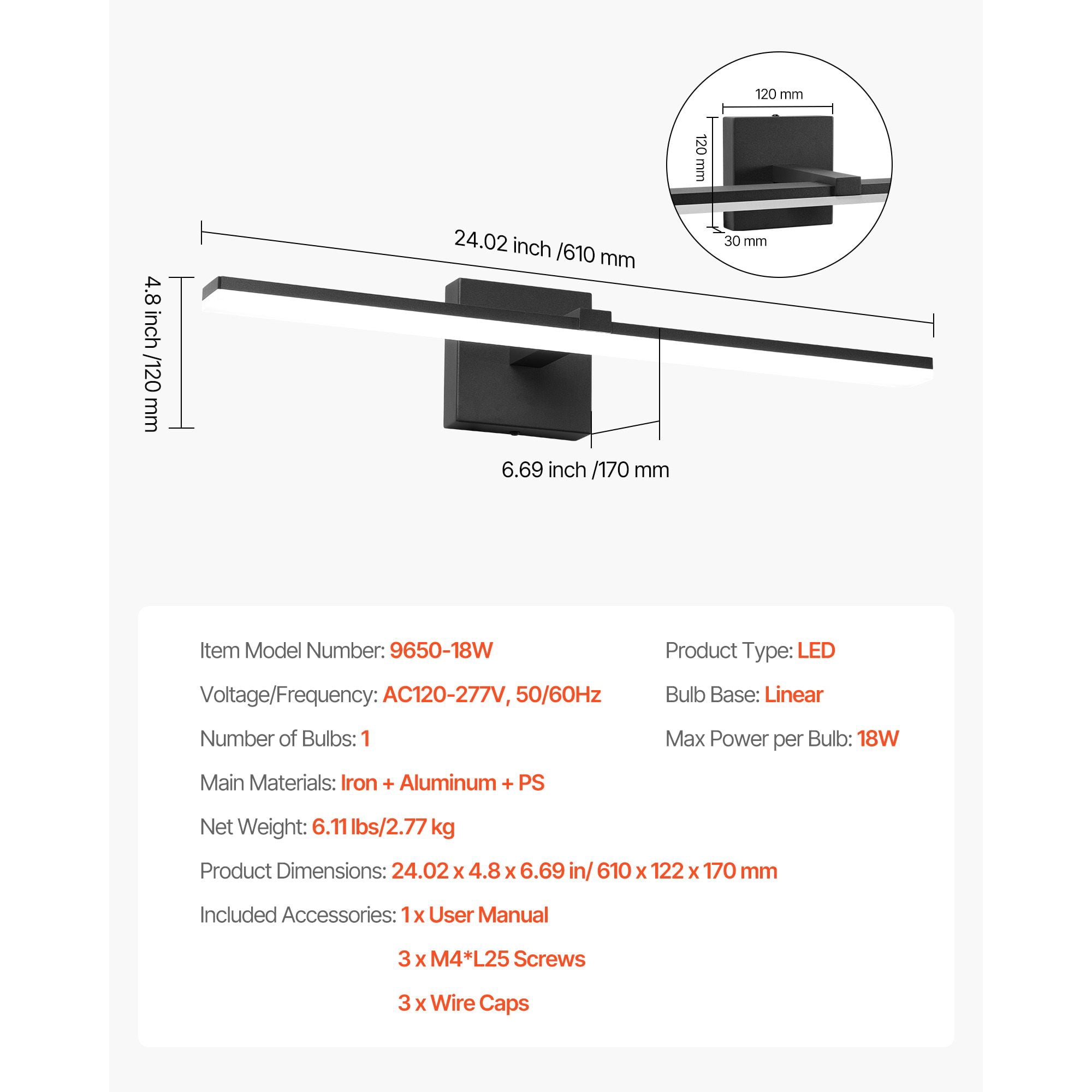 Bathroom Light Bar 18W 6000K LED Over Mirror Lighting IP44 Waterproof Dustproof Flicker-Free for Vanity Makeup Grooming