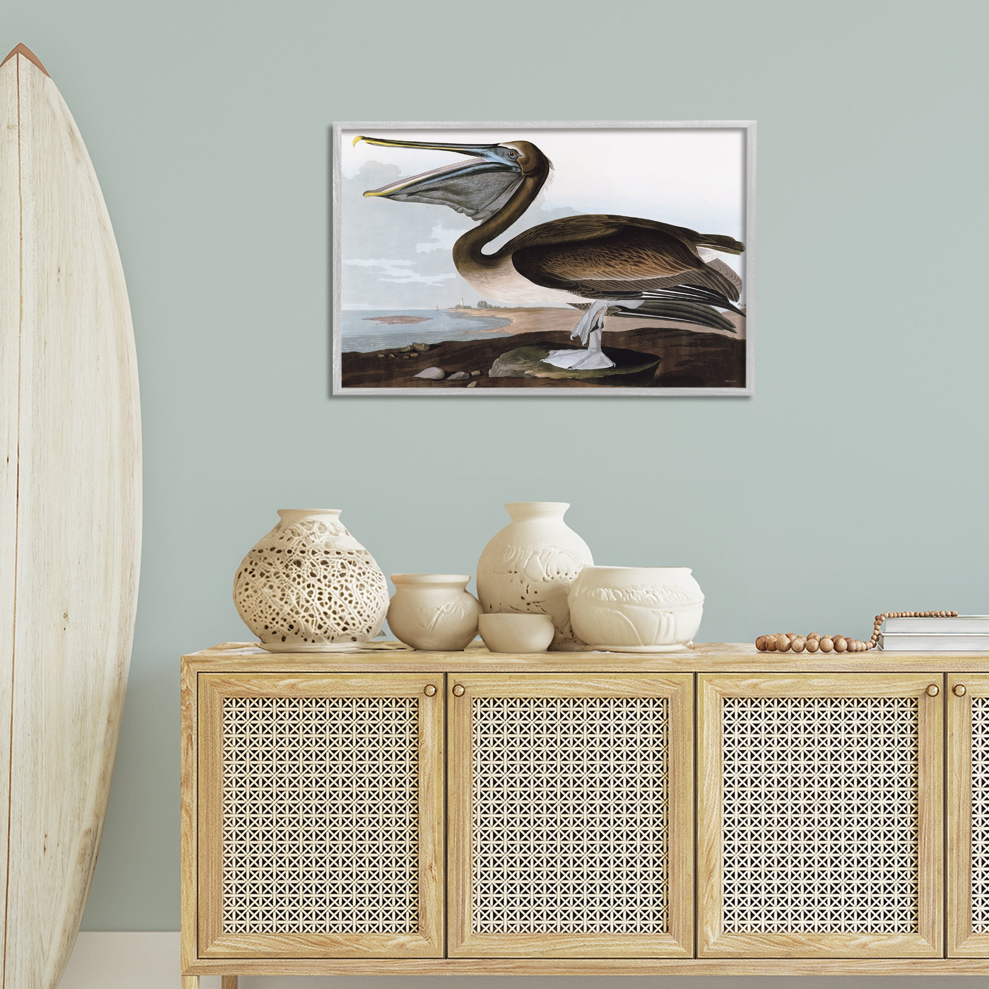 Stupell Industries Classic Pelican at Beach Animals & Insects Painting Gray Framed Art Print Wall Art, 30 x 20