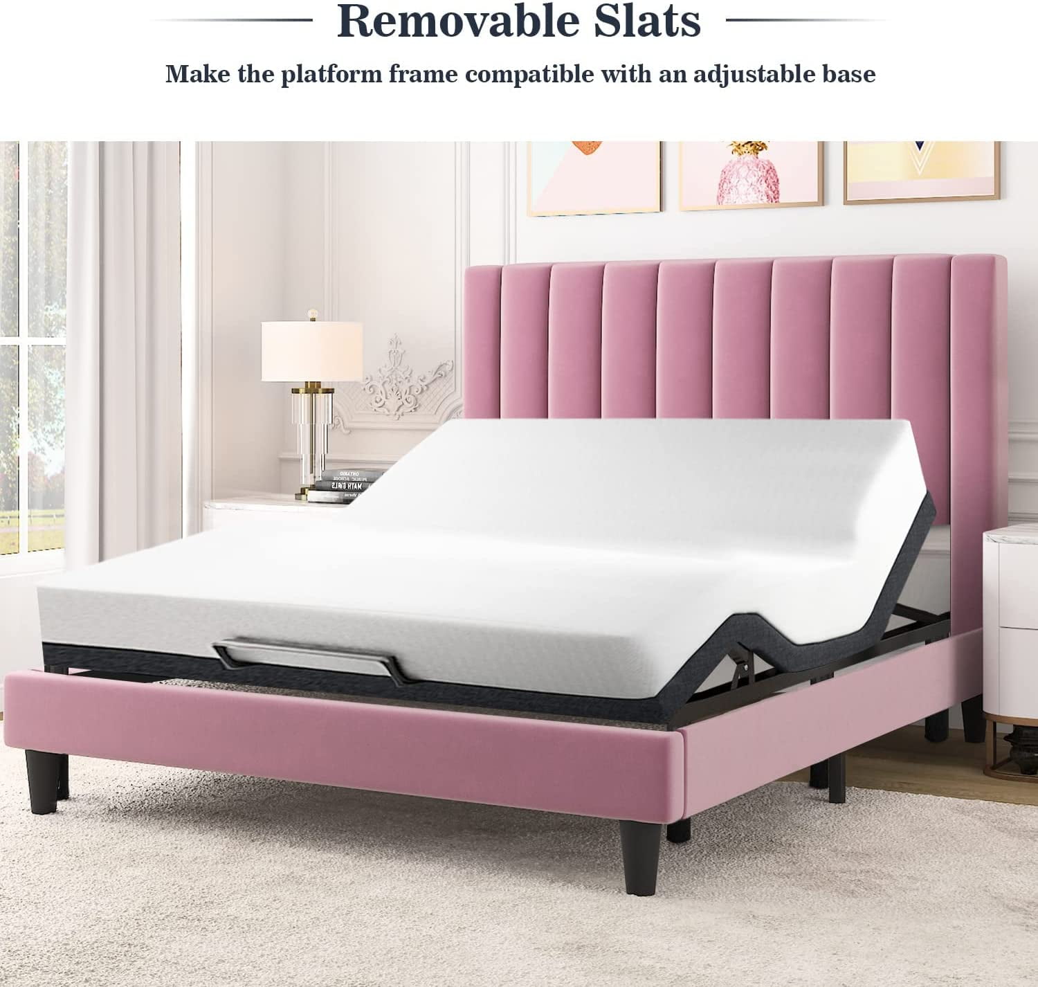 Buy Allewie Full Size Velvet Upholstered Bed Frame with Vertical Channel Tufted Headboard, Pink