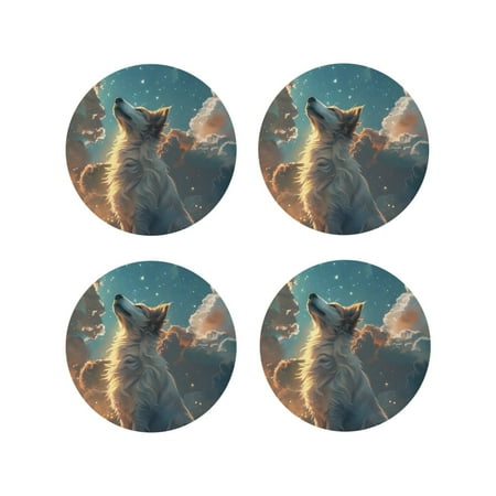 

Fuzoiu Starry Sky Cloud Wolf Print Leather Coasters Set Drink Coasters Set of 4 for Tabletop Protection Durable PVC Coasters Home Décor and Housewarming Gift-Round Shape